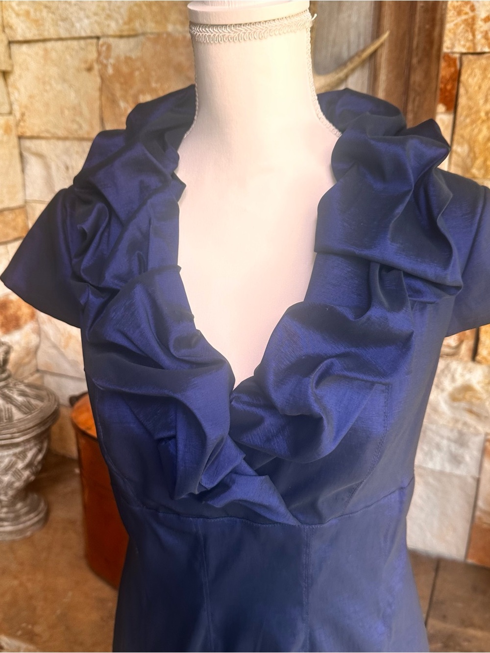 Navy Ruffle V-Neck Sheath Dress - Picture 2 of 6